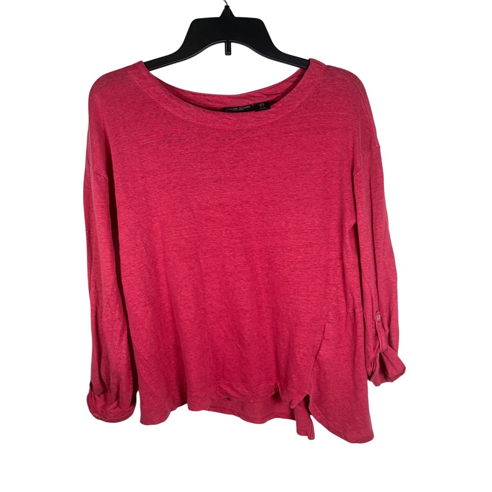 Adrienne Vittadini 100% Linen Knit Top Roll Tab Sleeve Asymmetrical Pink S
